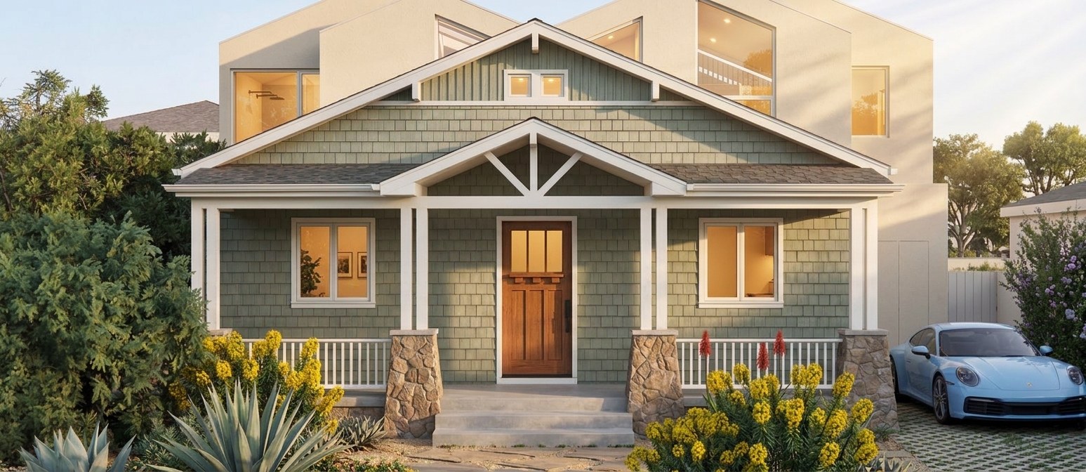 Casa Craftsman, front elevation — artist rendering